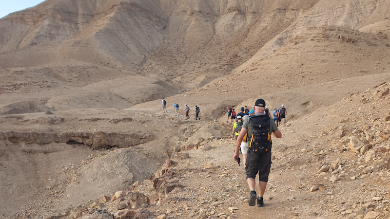 En grupp vandrare gr genom ett beigegult bergskenlandskap.