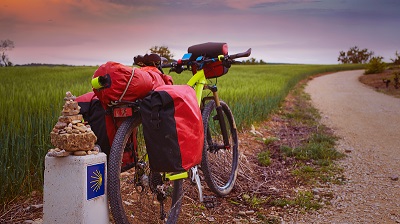 Mountain bike med rda cykelvskor parkerad vid en Caminovgsten, med ett grnt flt i bakgrunden.